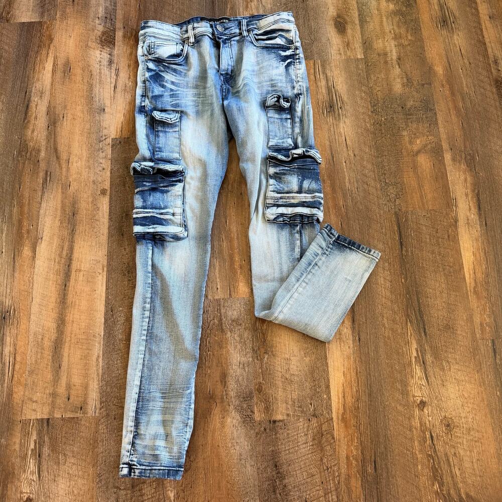 King Maker Cargo Skinny Jeans Men’s 30x31 Blue Distressed 7 Pocket